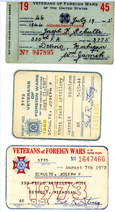 Joseph Schulte's VFW membership cards
