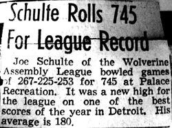 Joseph Schulte bowling score in newspaper clipping