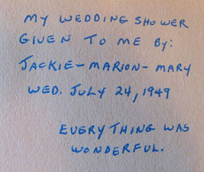 note Rosie wrote about her wedding shower in her scrapbook